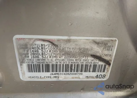 2008 Mitsubishi Outlander Ls z USA, uszkodzony, nr VIN JA4MS31X28Z008739